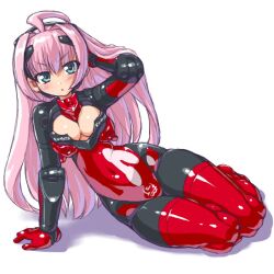  :o ach adjusting_hair ahoge aqua_eyes arm_support bad_id bad_pixiv_id breasts busou_shinki cleavage cleavage_cutout clothing_cutout covered_navel dd_(ijigendd) doll_joints female hair_flip joints long_hair looking_at_viewer lying medium_breasts open_mouth pink_hair shiny_skin simple_background skin_tight solo white_background 