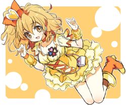  blonde_hair boots choker commentary cure_pine earrings female fresh_precure! hair_ornament heart heart_hair_ornament jewelry magical_girl one_side_up orange_background orange_choker orange_theme precure skirt smile solo wrist_cuffs yamabuki_inori yellow_eyes yellow_skirt yellow_theme yukiwo 