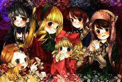  6+girls blonde_hair blush bonnet bow brown_hair commentary_request doku_imouto_ko dress drill_hair flower hair_ornament hairband hairbow hat heterochromia hinaichigo kanaria kodona lolita_fashion long_hair multiple_girls open_mouth own_hands_clasped own_hands_together pink_bow red_eyes rozen_maiden shinku siblings sisters smile souseiseki suigintou suiseiseki twins 