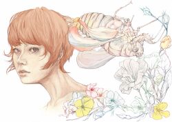  bug cicada commentary_request female flower gami_(n09) orange_hair original photoshop_(medium) portrait short_hair surreal 