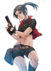  abs bad_id bad_pixiv_id claire_redfield crop_top female gloves gun katou_teppei midriff navel ponytail resident_evil shorts solo sweat weapon 