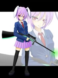  animal_ears buttons commentary_request crazy_eyes eyelashes female formal gun koishi_komeiji&#039;s_heart-throbbing_adventure necktie purple_hair rabbit_ears reisen_(touhou_bougetsushou) rifle short_hair skirt solo soraneko93 suit thighhighs time_warp_rifle touhou weapon zoom_layer 