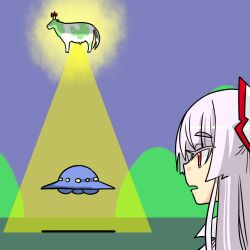  abduction animalization beam bovine bow commentary_request female floating fujiwara_no_mokou grey_hair hairbow hill horn_ornament horn_ribbon horns irony kamishirasawa_keine long_hair looking_at_another open_mouth red_eyes ribbon role_reversal seki_(red_shine) simple_background single_horn solo touhou tractor_beam ufo what 