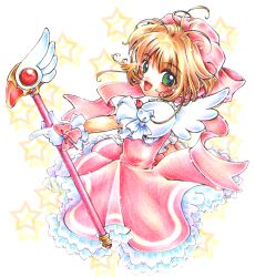  brown_hair cardcaptor_sakura commentary_request dress female fuuin_no_tsue glove_bow gloves green_eyes hat kasabe_miori kinomoto_sakura kinomoto_sakura_(magic_dream_costume) pink_hat short_hair solo traditional_media wand white_gloves wings 