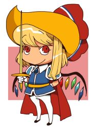  alternate_costume arm_behind_back blonde_hair brooch cape cavalier_hat chibi commentary_request cosplay female flandre_scarlet gloves hat jewelry musketeer onikobe_rin pantyhose princess_sapphire rapier red_eyes ribbon_no_kishi side_ponytail smile solo sword touhou weapon white_gloves white_pantyhose wings 