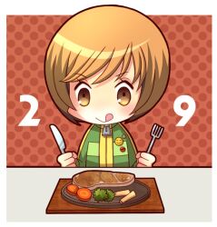  :q bad_id bad_pixiv_id broccoli brown_eyes brown_hair carrot commentary_request female food fork hiyopuko jacket knife meat persona persona_4 plate satonaka_chie short_hair simple_background solo steak tongue tongue_out track_jacket turnip vegetable 