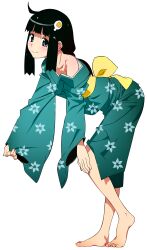  absurdres aqua_kimono araragi_tsukihi bakemonogatari barefoot black_eyes black_hair commentary_request egg_hair_ornament ejoty feet female food-themed_hair_ornament full_body hair_ornament highres japanese_clothes kimono leaning_forward long_hair monogatari_(series) off_shoulder solo transparent_background vector_trace 