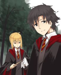  1boy ahoge artoria_pendragon_(fate) black_eyes black_hair blonde_hair commentary_request cosplay fate/zero fate_(series) female green_eyes gryffindor harry_potter_(series) hogwarts_school_uniform kariya-kun matou_kariya necktie photoshop_(medium) robe saber_(fate) school_uniform wand wizarding_world 