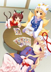  3girls animal_ears blonde_hair bow breasts brown_eyes brown_hair cat_ears cat_tail chabudai_(table) chen commentary_request drawing_(object) dress earrings fox_tail hat hat_ribbon jewelry katagiri_chisato kneeling large_breasts long_hair multiple_girls multiple_tails nekomata oerba_yun_fang open_mouth pink_dress purple_eyes recursion red_dress ribbon shirt sitting smile tabard table tail tatami touhou white_dress yakumo_ran yakumo_yukari yellow_eyes 