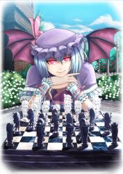  ascot bat_wings board_game bow brick_wall bush chess chess_piece chessboard cloud commentary_request day female flandre_scarlet flower garden glowing glowing_eyes hat hat_bow head_rest head_tilt head_wings hong_meiling izayoi_sakuya koakuma long_hair looking_at_viewer outdoors patchouli_knowledge playing_games pov_across_table raybar red_eyes remilia_scarlet ribbon scarlet_devil_mansion short_hair sky solo straight_hair touhou very_long_hair wings wrist_cuffs 