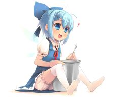  :d bloomers blue_bow blue_eyes blue_hair bow bucket cirno dress_shirt feet female hair_ornament hair_ribbon hairbow hairclip heart lolicon no_shoes open_mouth ribbon shin_(new) shirt sitting smile solo spoon thighhighs touhou underwear white_thighhighs 