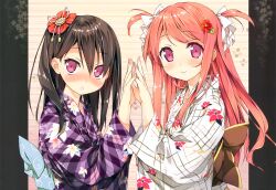  2girls 5_nenme_no_houkago black_hair blush japanese_clothes kantoku kurumi_(kantoku) red_hair shizuku_(kantoku) yukata 