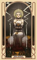  art_nouveau blonde_hair blood blood_on_clothes blood_on_hands blue_eyes cape character_name cupping_hands demon&#039;s_souls dress female flower framed full_body grass grey_background lips long_dress long_sleeves looking_up maiden_astraea mole mole_under_eye nekkeau own_hands_together parted_lips photoshop_(medium) plant short_hair simple_background sitting solo watermark web_address wetland white_cape white_dress white_headwear 