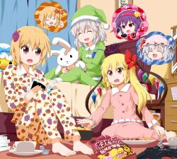  6+girls aki_minoriko aki_shizuha alarm_clock barefoot bat_wings bed bedroom blonde_hair blue_hair book bow chestnut chips_(food) clock closed_eyes commentary_request controller cup eating eyeball flandre_scarlet food food-themed_clothes fruit game_controller grapes grey_hair hair_ornament hairband hairbow hat komeiji_koishi komeiji_satori leaf leaf_on_head long_hair multiple_girls nightcap oerba_yun_fang open_book open_mouth pajamas phone plate potato_chips purple_eyes purple_hair red_eyes remilia_scarlet ruu_(tksymkw) saucer short_hair side_ponytail sitting sleepover speech_bubble stuffed_animal stuffed_duck stuffed_rabbit stuffed_toy sweets third_eye touhou trait_connection wariza wings yukkuri_shiteitte_ne 