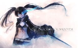  bikini bikini_top_only black_hair black_rock_shooter black_rock_shooter_(character) black_shorts blue_eyes character_name coat commentary female flaming_eye glowing glowing_eye highres long_hair midriff navel no_shirt shorts sola7764 solo swimsuit sword twintails uneven_twintails very_long_hair weapon 