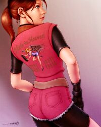  back bike_shorts brown_hair claire_redfield commentary_request eric_lin female lips photoshop_(medium) ponytail resident_evil resident_evil_2 shorts solo vest 