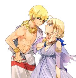  1boy ahoge alternate_costume arnoul artoria_pendragon_(fate) bad_id bad_pixiv_id blonde_hair blue_eyes bracelet dress earrings fate/zero fate_(series) female gilgamesh_(fate) hair_ribbon hand_on_another&#039;s_chin jewelry necklace photoshop_(medium) red_eyes ribbon saber_(fate) straight toga topless_male white_background 