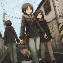  2girls bag brown_eyes brown_hair building canine coat commentary_request day jacket leash multiple_girls open_mouth original outdoors pet_walking power_lines road scarf short_hair shoulder_bag sky street vanishing_point yajirushi_(chanoma) 