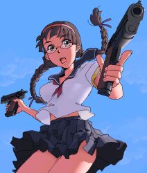  armband bad_id bad_pixiv_id braid brown_eyes brown_hair clothes_lift dual_wielding female foreshortening from_below glasses gun hairband handgun hands_on_own_hips holding long_hair m1911 oekaki open_mouth original school_uniform serafuku skirt skirt_lift sky solo trigger_discipline twin_braids twintails une weapon 