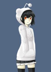  antennae bad_id black_hair commentary cosplay english_commentary female hands_in_pocket hood hoodie pas_(paxiti) personification photoshop_(medium) pleated_skirt red_eyes reddit reddit-tan short_hair simple_background skirt snoo snoo_(cosplay) solo thighhighs zettai_ryouiki 