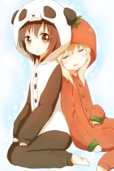  2girls animal_costume back-to-back black_hair blonde_hair brown_eyes buttons closed_eyes commentary_request funami_yui multiple_girls pajamas panda_costume saliva sleeping tomato_costume torotoro toshinou_kyouko yuru_yuri 