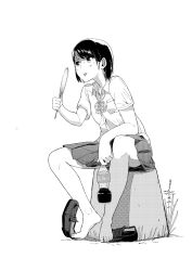  :p bad_id bad_pixiv_id barefoot dr_pepper fanning female greyscale hand_fan highres monochrome niwakaike no_socks original pleated_skirt school_uniform shoes short_hair sitting skirt solo tongue tongue_out unworn_shoes 