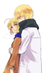  1boy ahoge alternate_costume aqua_eyes arnoul artoria_pendragon_(fate) bad_id bad_pixiv_id black_scarf blonde_hair blue_eyes blue_scarf coat couple fate/stay_night fate_(series) female gilgamesh_(fate) hug hug_from_behind photoshop_(medium) red_eyes saber_(fate) scarf straight white_background 