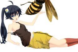  ahoge araragi_karen asymmetrical_hair bad_id bad_pixiv_id bakemonogatari bee black_hair blue_eyes blue_panties bug egg_(food) egg_hair_ornament female food food-themed_hair_ornament fried_egg groin hair_ornament kneehighs long_hair looking_at_viewer lying monogatari_(series) nisemonogatari no_bra off_shoulder ogadenmon on_side panties photoshop_(medium) red_socks shorts simple_background socks solo stinger strap_slip tank_top tongue tongue_out underwear white_background 