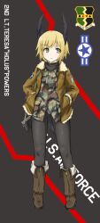  bad_id bad_pixiv_id bird_girl bird_tail blonde_hair bomber_jacket boots camera camouflage coat commentary crotch_seam dakku_(ogitsune) female green_eyes hands_in_pockets head_wings jacket military military_uniform original panties panties_under_pantyhose pantyhose photoshop_(medium) short_hair smile solo strike_witches_1991 tail underwear uniform wings world_witches_series 