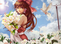  2966441886 alstroemeria_(flower) bare_shoulders bird blue_sky bouquet bow brown_eyes brown_hair closed_mouth cloud commentary_request day dove dress female flower frilled_bow frilled_hair_tubes frills hair_tubes hairbow hakurei_reimu heart highres holding holding_flower lens_flare long_hair looking_at_viewer nose outdoors photoshop_(medium) power_lines purple_flower red_bow sky smile solo sun sunlight touhou white_flower wind 