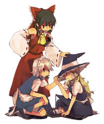  3girls beaten black_eyes black_hair blonde_hair blue_eyes blush bow braid commentary_request food grey_hair hair_ornament hairbow hakurei_reimu hat hat_tug indian_style izayoi_sakuya kirisame_marisa maid maid_headdress multiple_girls photoshop_(medium) popsicle short_hair sitting smile takishima_asaka tears touhou twin_braids witch_hat 