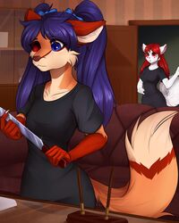  2017 4:5 alina_braun anthro blue_eyes breasts brown_nose canid canine chessi clothed clothing detailed_background digital_media_(artwork) domestic_cat duo felid feline felis female fox hair hi_res holding_object holding_weapon knife mammal purple_hair red_eyes red_hair seelena_zorn_(iskra) weapon 