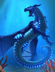  ambiguous_gender anthozoan bioluminescence blue_body blue_eyes blue_scales bubble claws cnidarian conditional_dnp coral coral_reef cover_art dragon fangs female_(lore) feral fish glowing hi_res looking_at_viewer marine mythological_creature mythological_scalie mythology open_mouth scales scalie sea seawing_(wof) shido-tara signature solo swimming tail teeth text tongue tsunami_(wof) underwater water wings wings_of_fire 