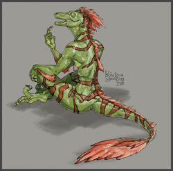  anthro bottomwear clothing dinosaur dromaeosaurid extinct feathers female green_body green_skin hi_res loincloth prehistoric_species priscillasheep red_body red_feathers reptile scalie solo theropod uthalla velociraptor 