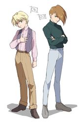  2boys blonde_hair blue_eyes brown_hair crossed_arms denim full_body green_eyes gundam gundam_wing hair_over_one_eye hastune highres jeans looking_at_viewer male_focus multiple_boys pants parted_lips quatre_raberba_winner short_hair simple_background sweater trowa_barton vest white_background 