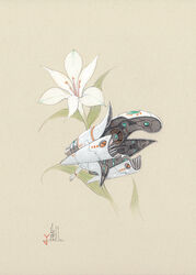  alstroemeria_(flower) calligraphy_brush_(medium) flower flower_focus gaimoon leaf mecha mechanization no_humans original painting_(medium) robot signature simple_background spacecraft tan_background traditional_media watercolor_(medium) white_flower 