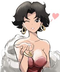  betty_boop betty_boop_(series) black_eyes black_hair breasts coat earrings eyebrows eyebrows_hidden_by_hair female fur_coat heart highres hoop_earrings jewelry kissing medium_breasts messy_hair one_eye_closed rakeemspoon short_hair white_background white_coat 