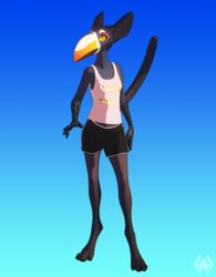  anthro ara&ccedil;ari avian banana beak big_beak bird black_beak black_body black_bottomwear black_claws black_clothing black_fur black_scales black_shorts bottomwear breasts claws clothing digital_media_(artwork) digitigrade felid feline_tail female food fruit fur gradient_beak gryphon hi_res hybrid leopard long_beak looking_at_viewer mammal midriff mira_(wetchop) mythological_avian mythological_creature mythology orange_beak pantherine plant sazemek scales shirt shorts slim small_breasts solo standing tall tank_top topwear toucan white_beak yellow_beak yellow_eyes 