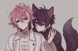  2boys animal_ears black_sweater dog_boy dog_ears dog_tail earrings grey_background highres indie_virtual_youtuber jewelry long_sleeves minase_(neo-porte) mismatched_earrings mole mole_under_eye multicolored_hair multiple_boys neo-porte pink_hair purple_eyes purple_hair short_hair shoto_(vtuber) smile streaked_hair sweater tail tako_wieners tassel tassel_earrings virtual_youtuber white_hair wide_sleeves 