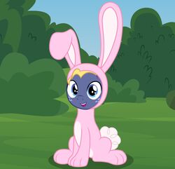  2021 badumsquish blonde_hair blue_eyes bunny_costume clothing costume equid equine friendship_is_magic grass hair hasbro hi_res horse looking_at_viewer male mammal my_little_pony open_mouth open_smile outside plant pony shrub smile solo star_tracker_(mlp) 