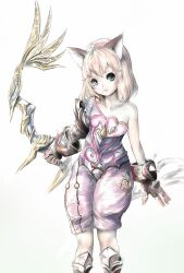  animal_ears aqn_(masamune) aqua_eyes archer_(tera_online) armor bare_shoulders blonde_hair bow_(weapon) collarbone commentary_request elin female gloves greaves heart highres short_hair single_bare_shoulder single_sleeve solo tera_online weapon 