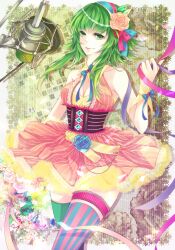  asymmetrical_legwear bad_id bad_pixiv_id bare_shoulders female flower frilled_skirt frills green_eyes green_hair gumi hair_flower hair_ornament microphone mismatched_legwear pop_filter ribbon skirt solo striped_clothes striped_thighhighs studio_microphone thigh_strap thighhighs vertical-striped_clothes vertical-striped_thighhighs vocaloid zukiyuki 