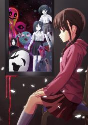  blood braid brown_hair chair commentary_request female kneehighs kyukkyu-kun madotsuki monoe monoko orino_yushi petals photoshop_(medium) pink_shirt sekomumasada_sensei shirt sitting socks solo tokuto-kun twin_braids uboa white_socks yume_nikki 