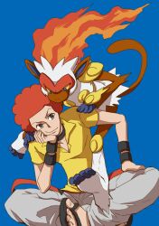  1boy afro blue_eyes commentary_request fire flint_(pokemon) grey_eyes infernape male_focus matsuda65 pokemon pokemon_(creature) pokemon_dppt red_hair sandals sitting smile wristband 