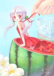  :o commentary_request dress female flower food fruit fruit_cup glass hair_bobbles hair_ornament halterneck ice ice_cube in_food long_hair mini_person minigirl neck_ribbon original photoshop_(medium) red_dress red_eyes ribbon sanmi_tenten solo_focus twintails untying water watermelon 