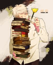  1boy axis_powers_hetalia bad_id bad_pixiv_id bird book book_stack chick guttary male_focus pencil prussia_(hetalia) solo white_hair 