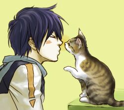  1boy bad_id bad_pixiv_id blue_hair blush closed_eyes commentary feline imminent_kiss kaito_(vocaloid) male_focus profile raku22 solo vocaloid 