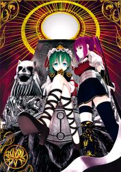  2girls akai_ronii alternate_costume bad_id bad_pixiv_id blue_eyes chrysanthemum chrysanthemum_print crossed_legs floral_print flower from_below green_hair hair_tubes horns multiple_girls onozuka_komachi purple_hair red_eyes rod_of_remorse shiki_eiki sitting skirt skull skull_ornament standing sun_symbol thighhighs throne touhou two_side_up zettai_ryouiki 