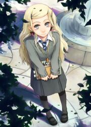  akuhaku blonde_hair book commentary_request earrings female food fountain fruit grey_eyes harry_potter_(series) hogwarts_school_uniform jewelry long_hair long_sleeves looking_up luna_lovegood necklace necktie pantyhose photoshop_(medium) ravenclaw school_uniform skirt smile solo striped tree water wavy_hair wizarding_world 