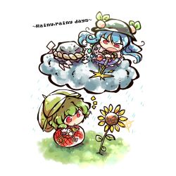  2girls :&lt; :o blue_hair boulder chibi cloud commentary_request flower food fruit grass green_hair hat hinanawi_tenshi kazami_yuuka keystone multiple_girls okome_(kome_kuma) open_mouth peach rain red_eyes rope shimenawa shirt skirt staring sunflower surprised touhou umbrella 